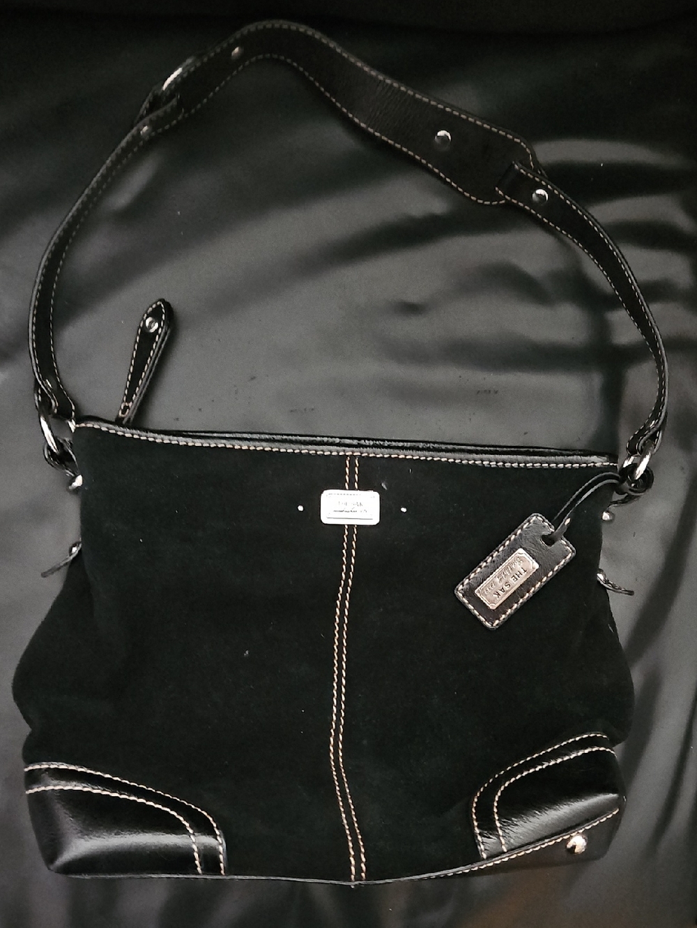 The Sak Black Suede Patent Leather Shoulder Bag 11x9 Stainless Steel Hardware